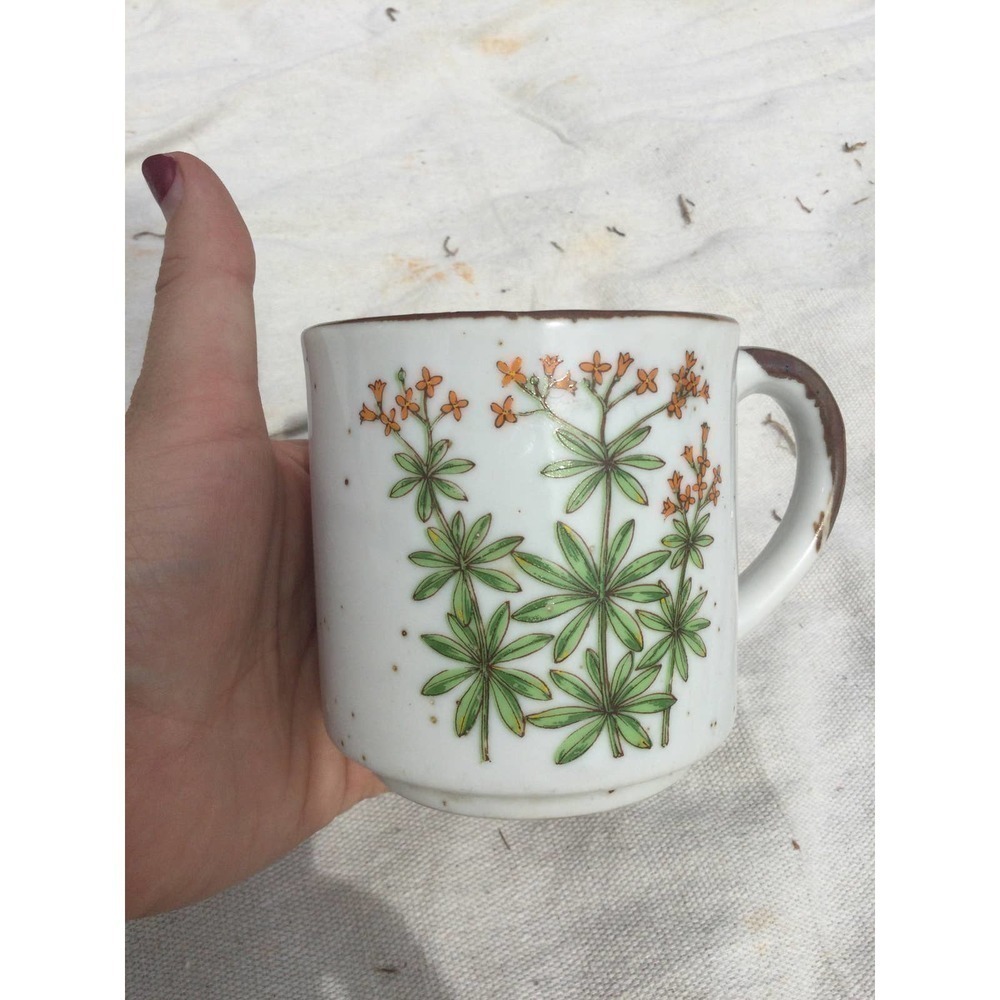 Ceramic coffee mug tea floral Japan vintage bron 70s MCM rustic farmhouse